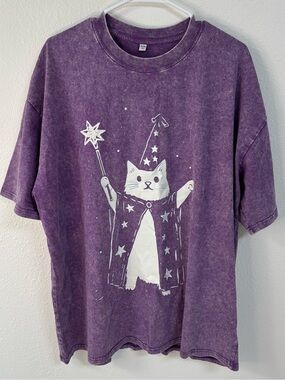 Purple Heather Wizard Cat Graphic T-Shirt XXL Acid Wash Celestial Tee NWT